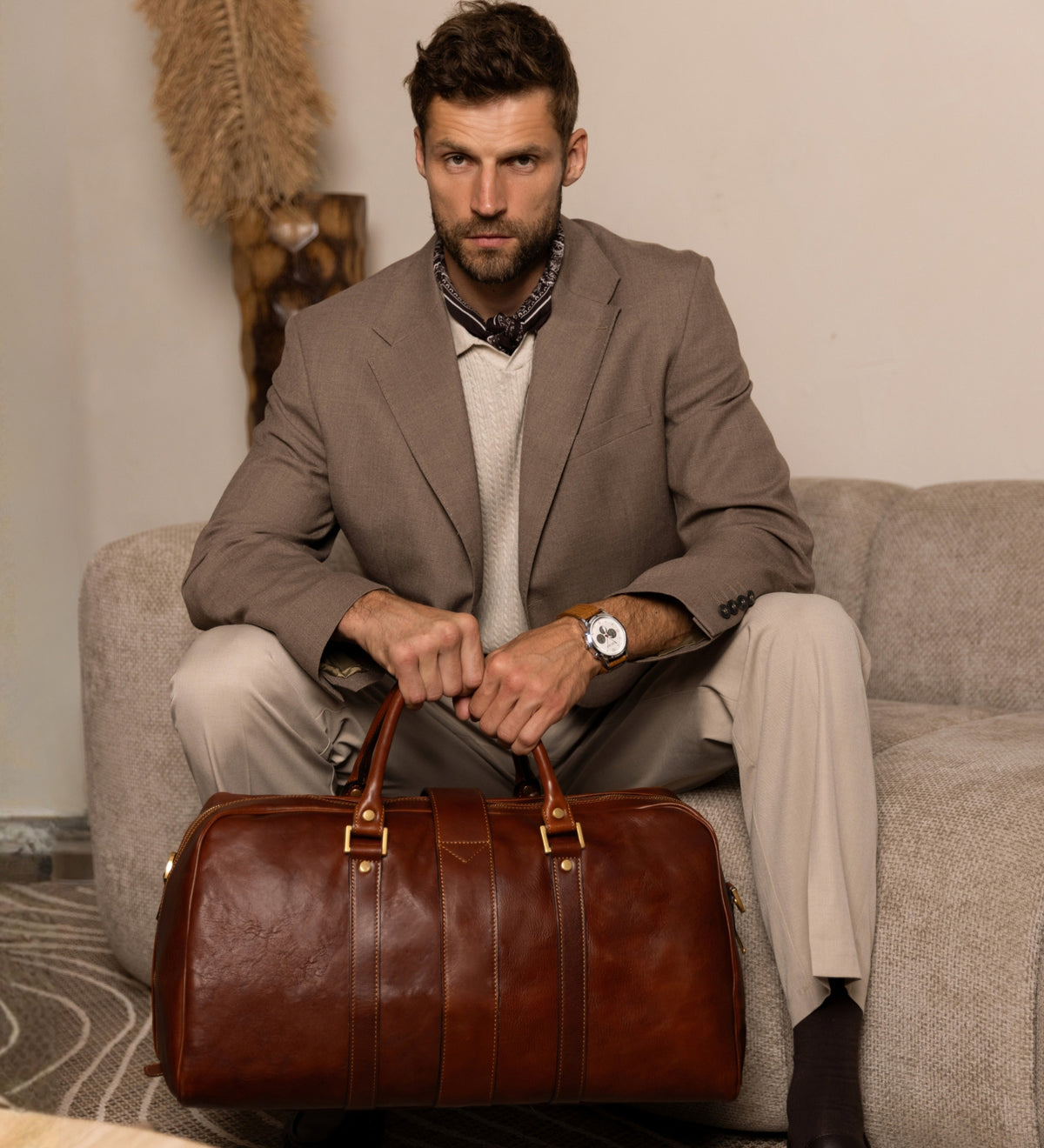 Cognac Brown Matte Leather Duffel Bag - Tender Is the Night